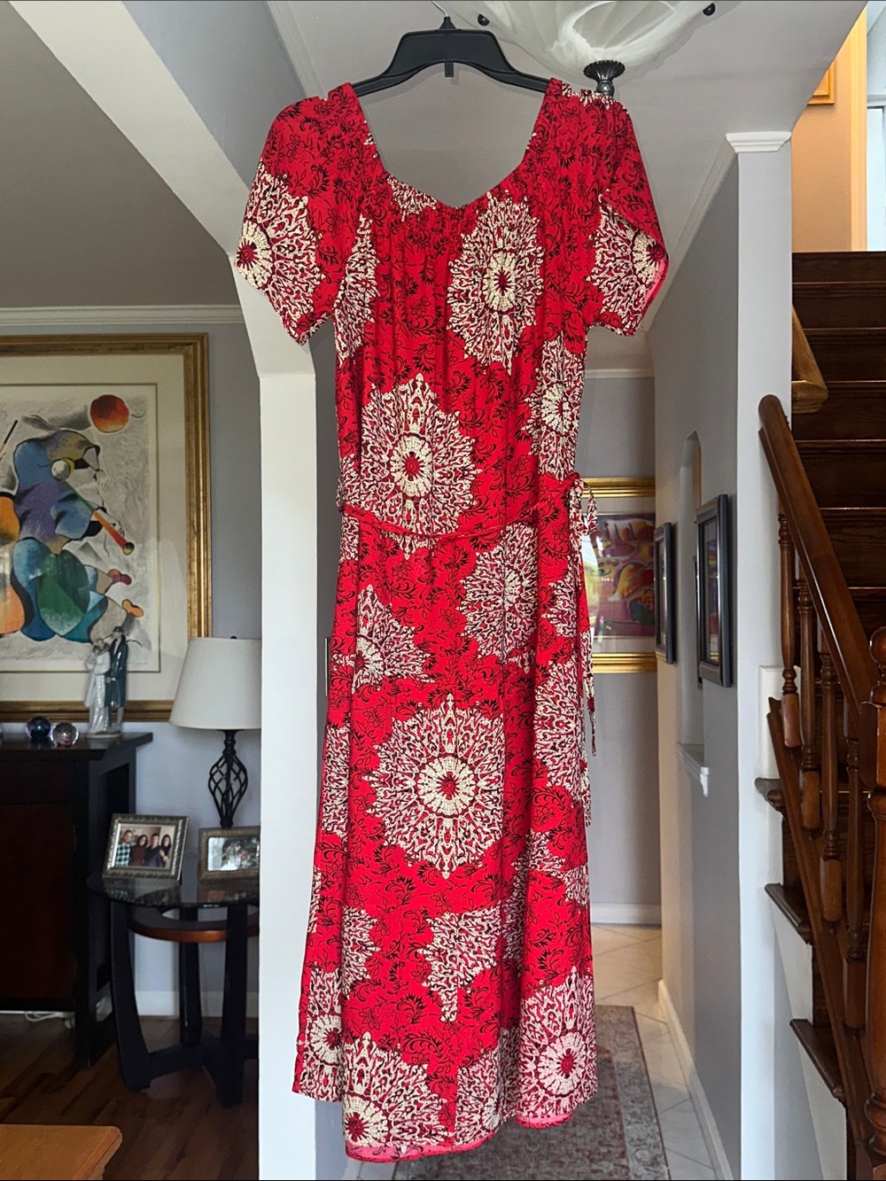 Red Tribal Midi Dress with Tie Waist Sz M/L